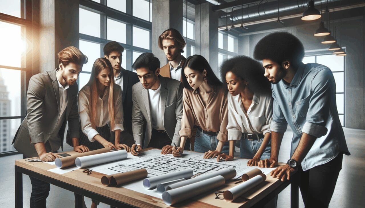 Jóvenes emprendedores analizando planos y datos en un espacio de coworking moderno.