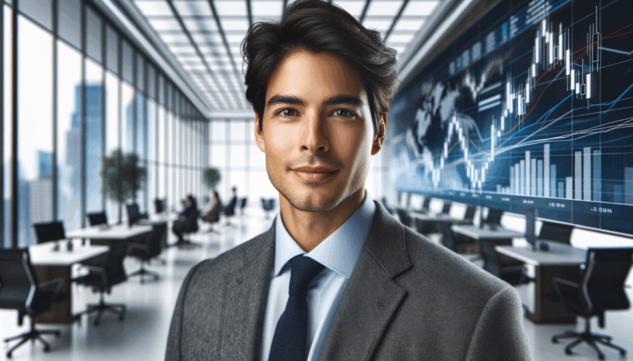Retrato editorial de un inversionista latinoamericano en un entorno moderno de oficina, con fondo difuminado de gráficos financieros.