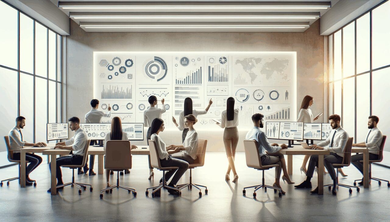 Equipo diverso colaborando en un moderno espacio de oficina, con pantallas mostrando gráficos de datos y elementos tecnológicos.