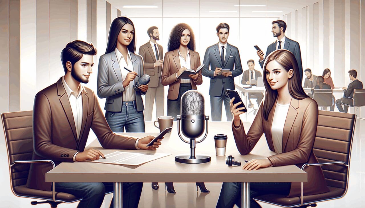 Ilustración elegante de jóvenes emprendedores trabajando alrededor de micrófonos y asistentes de voz en un entorno moderno y tecnológico.