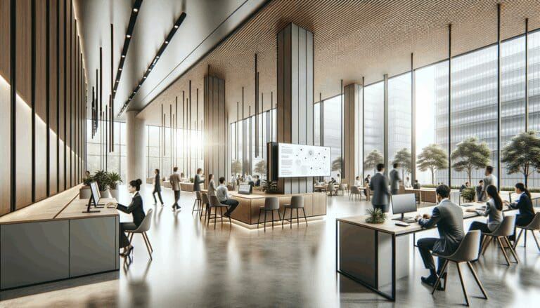 Vista de un moderno centro de innovación con profesionales trabajando en un espacio abierto.