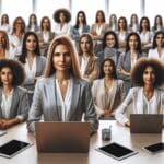 Retrato grupal de mujeres profesionales en una oficina moderna, rodeadas de laptops y tabletas digitales.