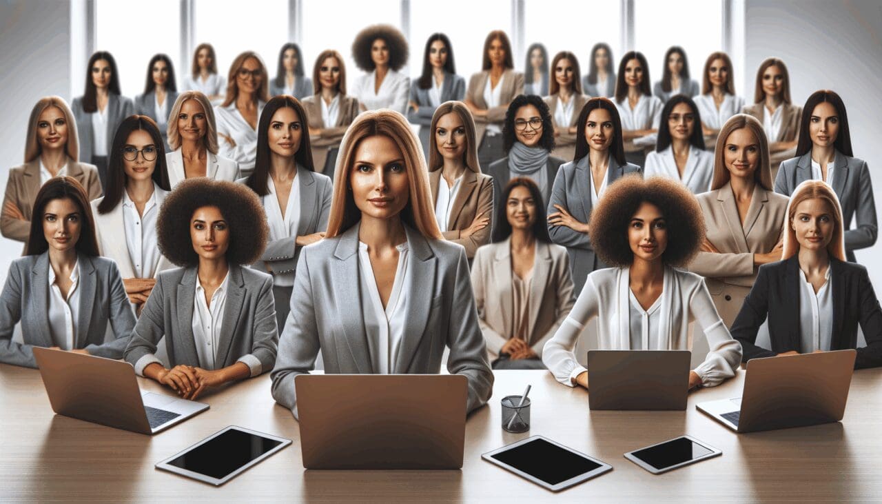 Retrato grupal de mujeres profesionales en una oficina moderna, rodeadas de laptops y tabletas digitales.