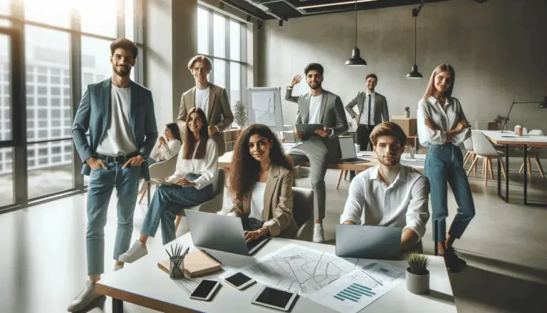Grupo de jóvenes empresarios en coworking moderno, laptops y mapas, ambiente luminoso y profesional