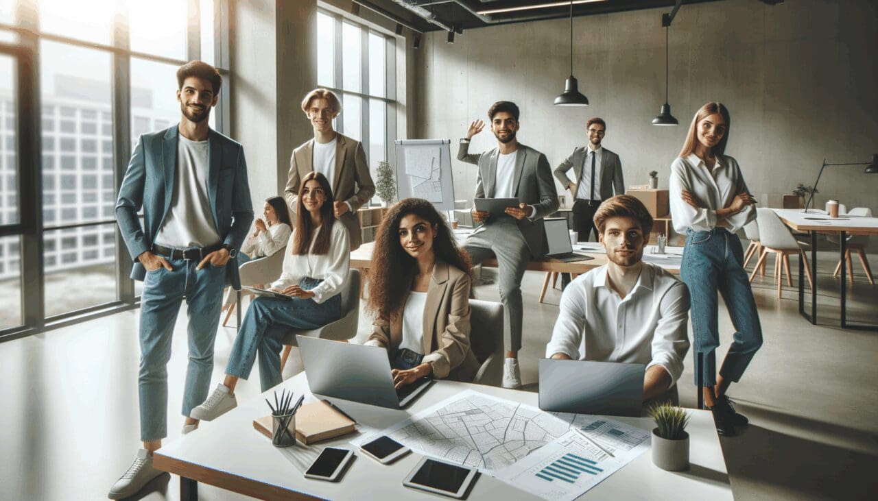 Grupo de jóvenes empresarios en coworking moderno, laptops y mapas, ambiente luminoso y profesional