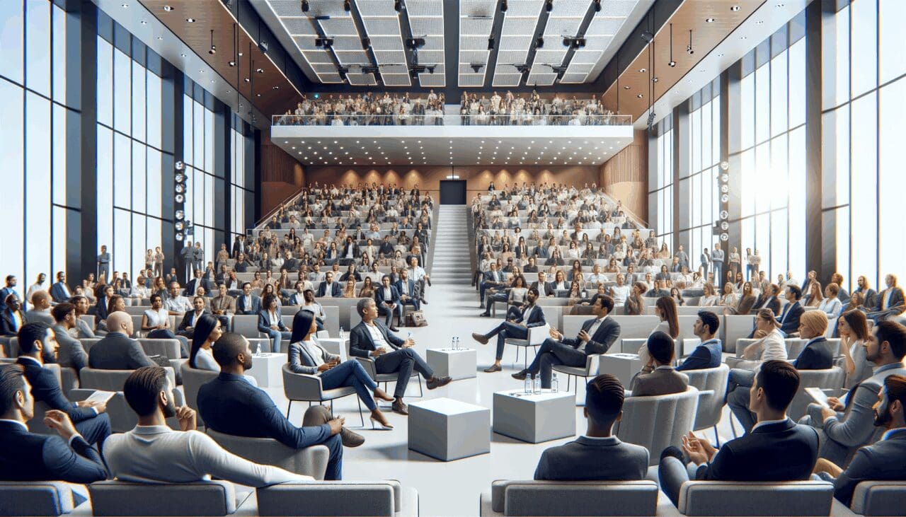 Auditorio moderno con emprendedores y expertos debatiendo sobre tecnología y startups.