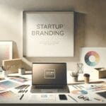 Un escritorio minimalista con laptop abierta, paletas de colores y papeles, representando creatividad en branding de startups.