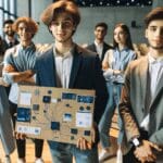 Jóvenes emprendedores presentando proyectos tecnológicos en un auditorio moderno, ambiente colaborativo.