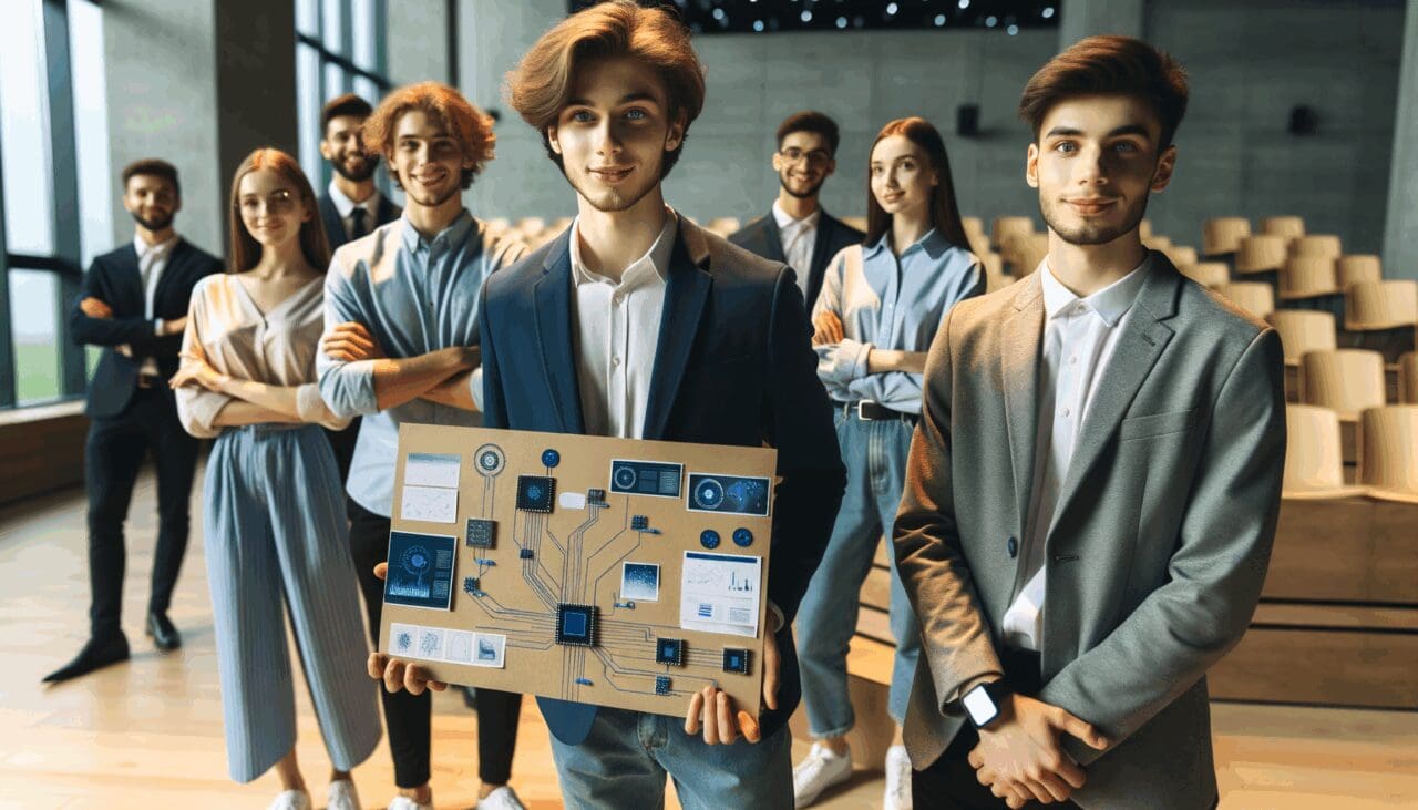 Jóvenes emprendedores presentando proyectos tecnológicos en un auditorio moderno, ambiente colaborativo.