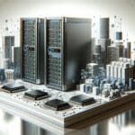 Ilustración de servidores de inteligencia artificial y chips modernos en un entorno tecnológico.