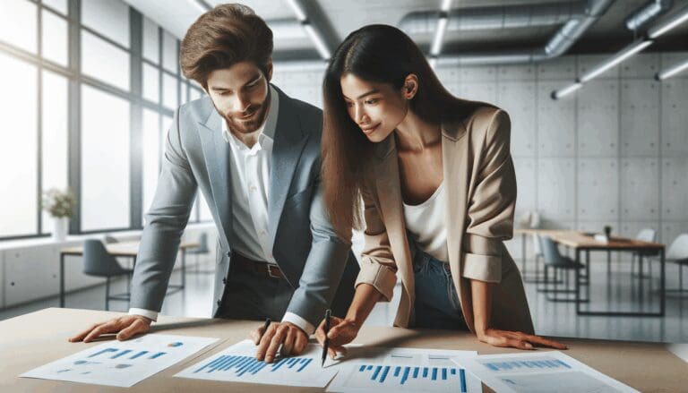 Dos emprendedores revisando gráficos en una mesa de trabajo en un espacio moderno y tecnológico.