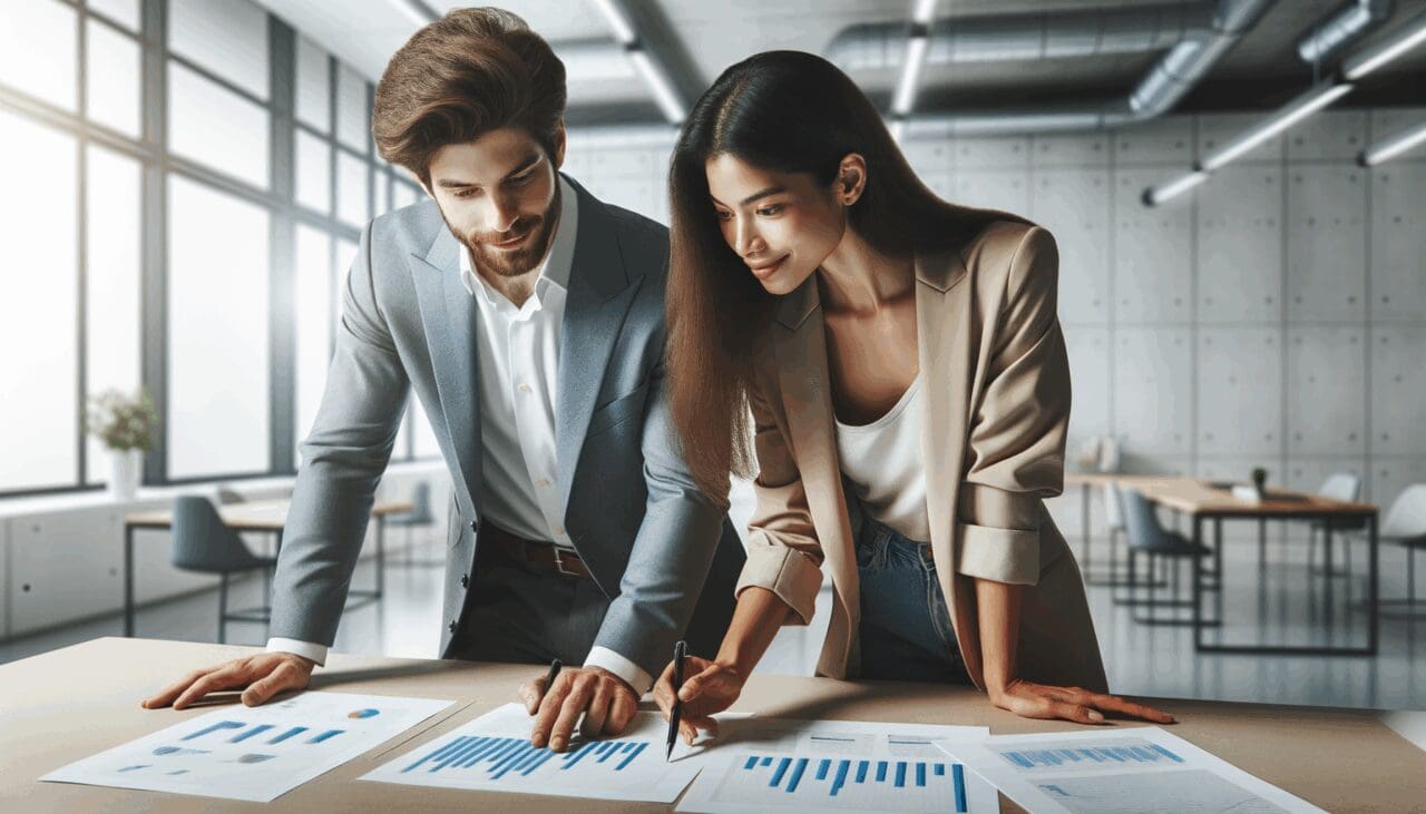 Dos emprendedores revisando gráficos en una mesa de trabajo en un espacio moderno y tecnológico.