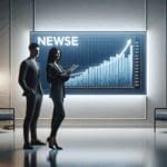 Dos personas en una sala moderna observando una gráfica de crecimiento en una pantalla digital.