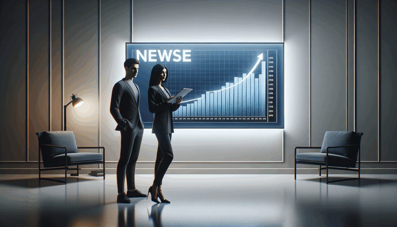 Dos personas en una sala moderna observando una gráfica de crecimiento en una pantalla digital.