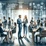 Empresarios y emprendedores reunidos en un entorno tecnológico, colaborando en una sala de reuniones moderna.