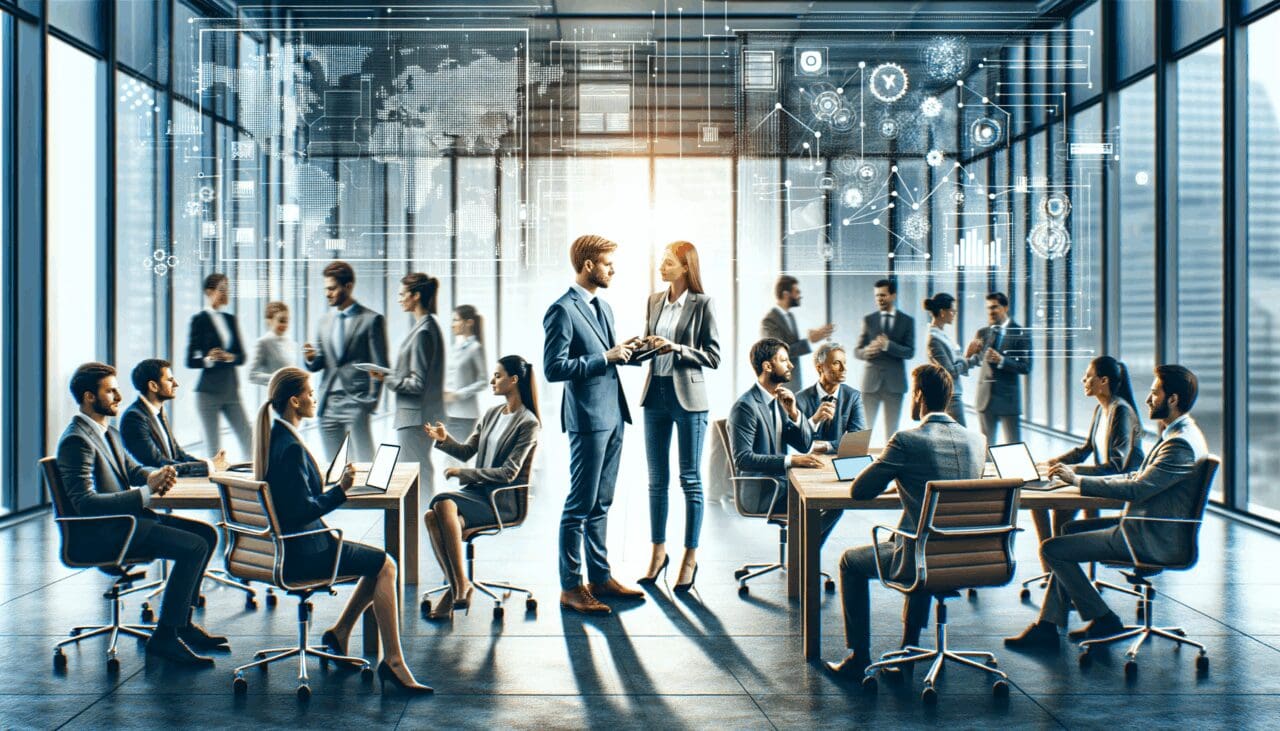 Empresarios y emprendedores reunidos en un entorno tecnológico, colaborando en una sala de reuniones moderna.