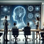 Equipo profesional discutiendo frente a pantallas con visualizaciones de inteligencia artificial en un entorno de oficina moderno.