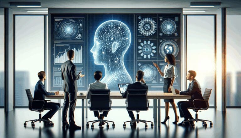 Equipo profesional discutiendo frente a pantallas con visualizaciones de inteligencia artificial en un entorno de oficina moderno.