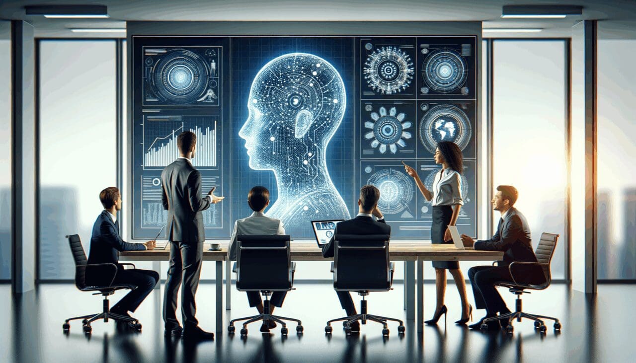 Equipo profesional discutiendo frente a pantallas con visualizaciones de inteligencia artificial en un entorno de oficina moderno.