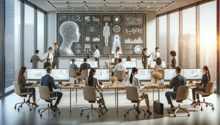 Oficina moderna con profesionales colaborando frente a pantallas que muestran gráficos y algoritmos de inteligencia artificial.