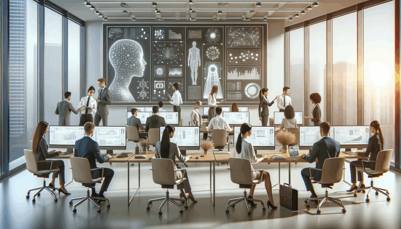 Oficina moderna con profesionales colaborando frente a pantallas que muestran gráficos y algoritmos de inteligencia artificial.