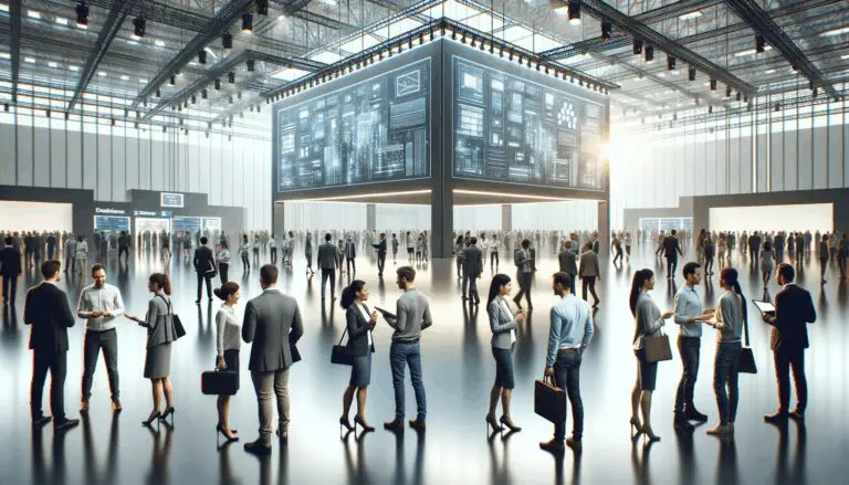 Personas conversando y conectando en un gran espacio de exhibición tecnológica, con pantallas digitales y ambiente moderno.