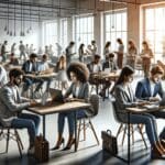 Espacio de coworking moderno con jóvenes emprendedores trabajando en laptops.