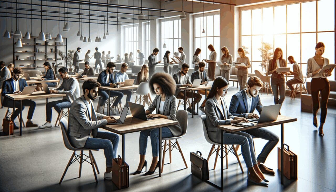 Espacio de coworking moderno con jóvenes emprendedores trabajando en laptops.