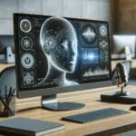 Primer plano de una startup tecnológica trabajando con gráficos de voz y algoritmos de inteligencia artificial en pantallas.