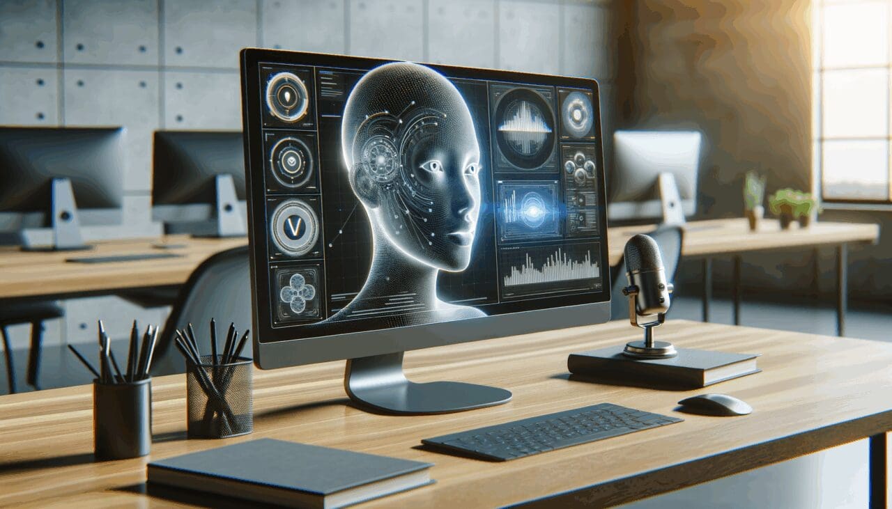 Primer plano de una startup tecnológica trabajando con gráficos de voz y algoritmos de inteligencia artificial en pantallas.