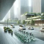 Calles urbanas con bicicletas eléctricas y vehículos compartidos en un entorno verde y moderno.