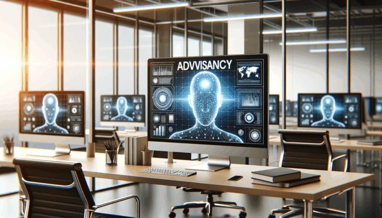 Espacio de trabajo moderno con pantallas mostrando gráficos de inteligencia artificial.