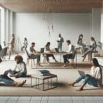 Espacio de oficina moderno y relajado donde varias personas trabajan descalzas sobre alfombras y mobiliario informal.