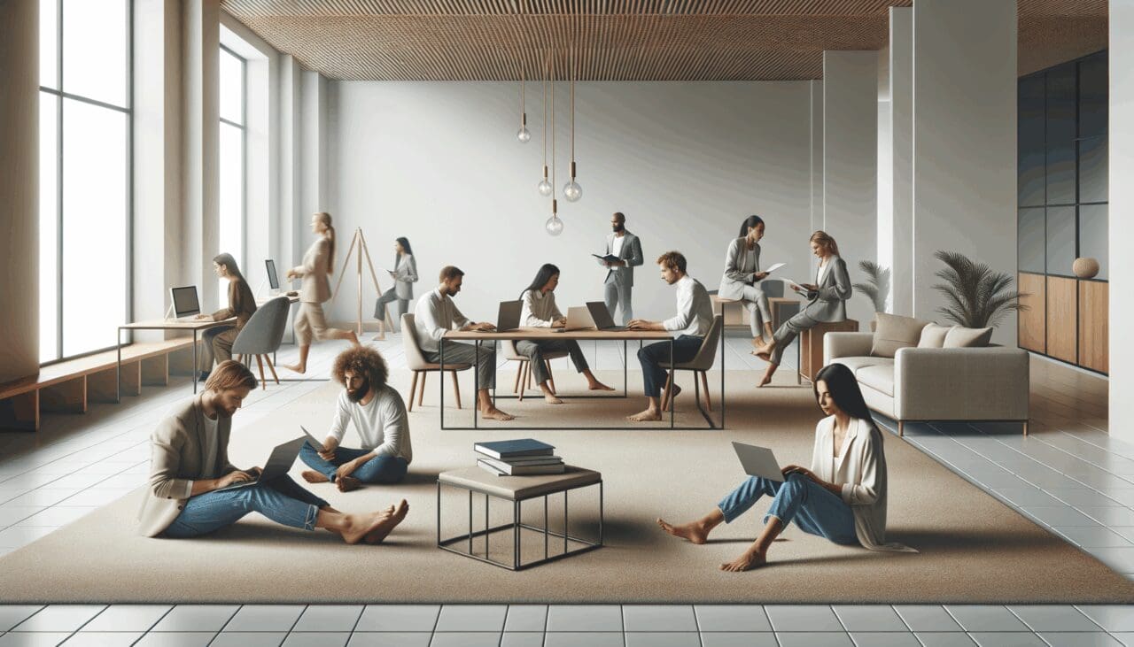 Espacio de oficina moderno y relajado donde varias personas trabajan descalzas sobre alfombras y mobiliario informal.