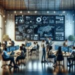 Equipo de emprendedores colaborando en un espacio de coworking moderno con pantallas digitales.