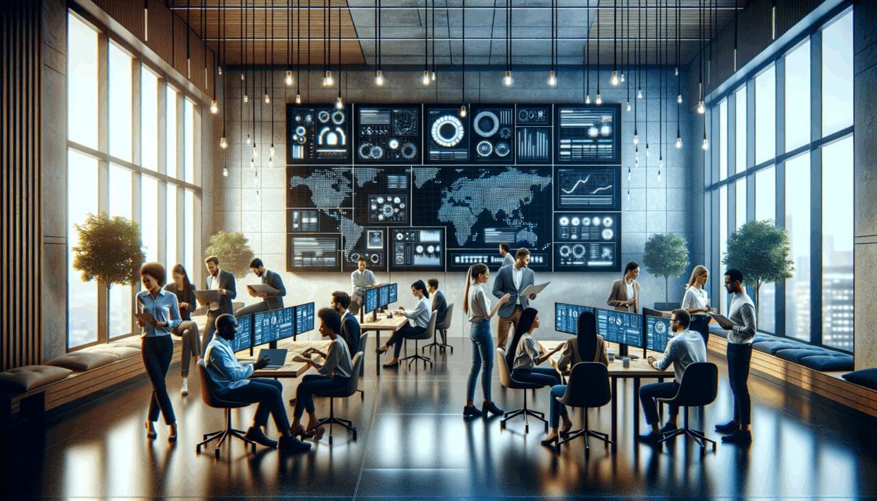 Equipo de emprendedores colaborando en un espacio de coworking moderno con pantallas digitales.