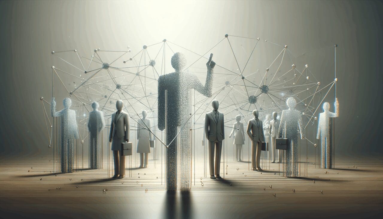 Representación tecnológica de identidad digital, con figuras humanas abstractas y redes de datos en un entorno corporativo moderno.