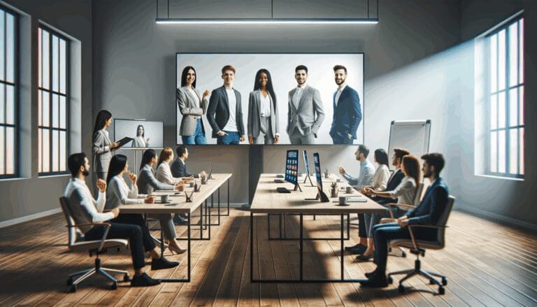 Emprendedores jóvenes participando en una videoconferencia en una sala moderna con dispositivos tecnológicos.