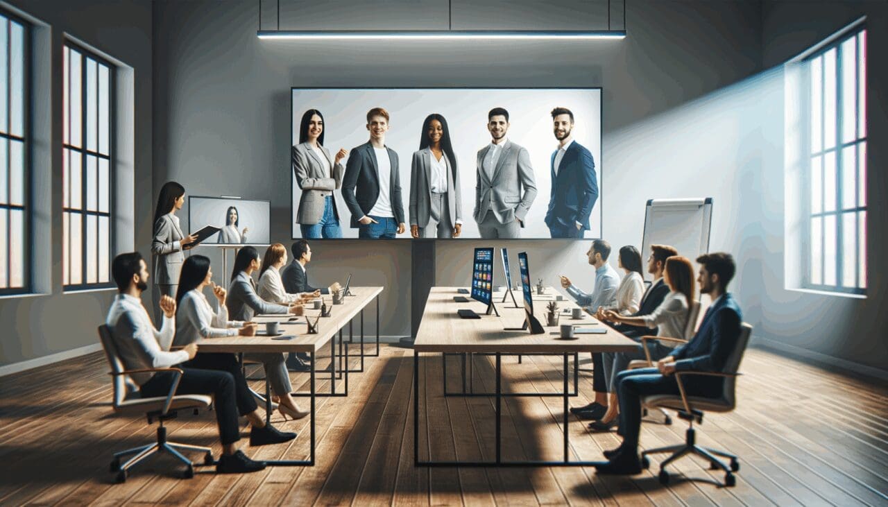 Emprendedores jóvenes participando en una videoconferencia en una sala moderna con dispositivos tecnológicos.