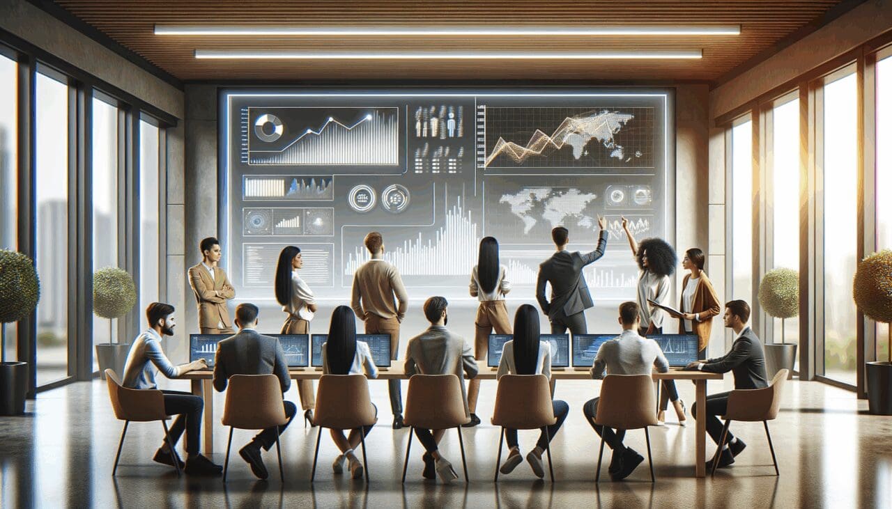 Equipo de jóvenes emprendedores colaborando frente a pantallas con gráficos digitales en un espacio de trabajo moderno.