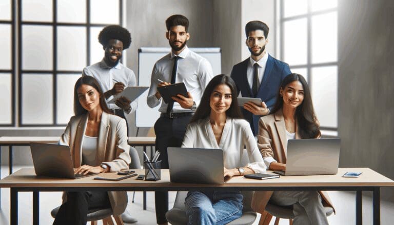 Grupo diverso de jóvenes empresarios trabajando en una oficina moderna, con laptops y pizarras.