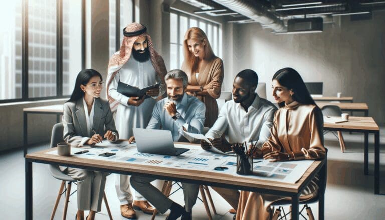 Emprendedores reunidos alrededor de una mesa en un espacio moderno, analizando soluciones tecnológicas.