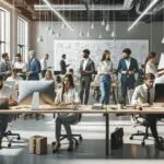 Emprendedores colaborando en un espacio de coworking moderno con computadores y pizarras.