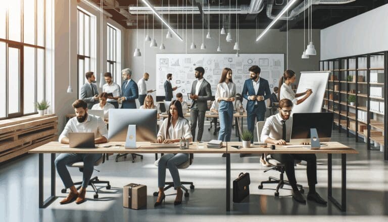 Emprendedores colaborando en un espacio de coworking moderno con computadores y pizarras.