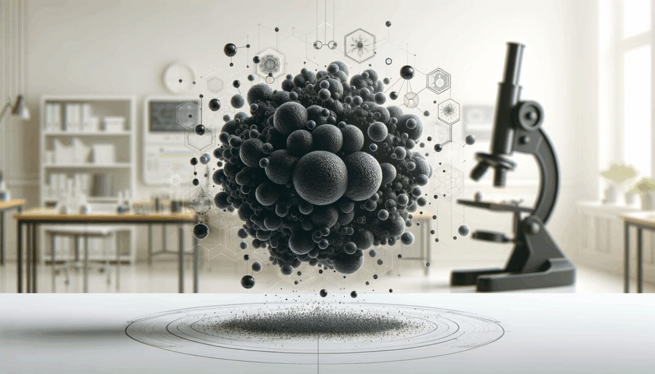 Macrofotografía de hongo negro sobre fondo claro, laboratorio tecnológico de fondo borroso.