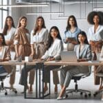 Mujeres diversas colaborando en un espacio de coworking moderno, con laptops y pizarras digitales al fondo.