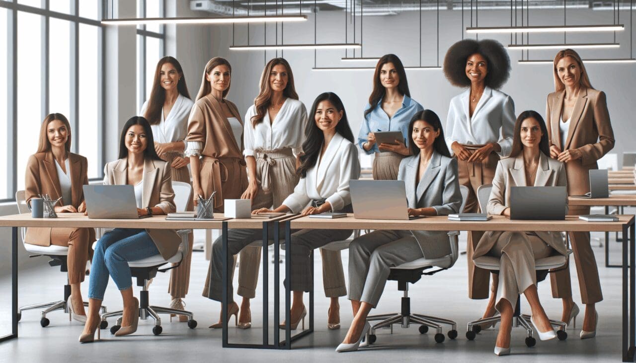 Mujeres diversas colaborando en un espacio de coworking moderno, con laptops y pizarras digitales al fondo.