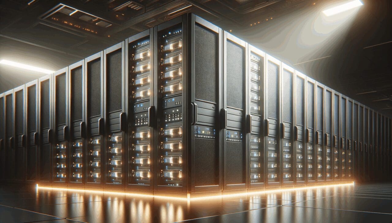 Primer plano de servidores de alta tecnología iluminados en centro de datos moderno.