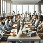 Oficinas modernas de una startup con empleados trabajando en computadoras.