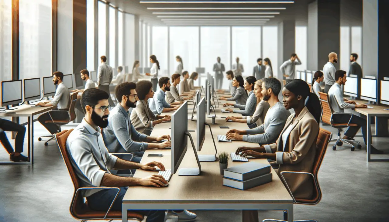 Oficinas modernas de una startup con empleados trabajando en computadoras.